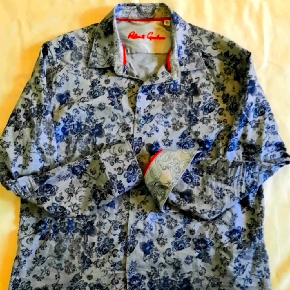 Robert Graham-Knowledge Wisdom, Truth, Gray/Blue Shirt Flip Cuffs, Men's Size XL
